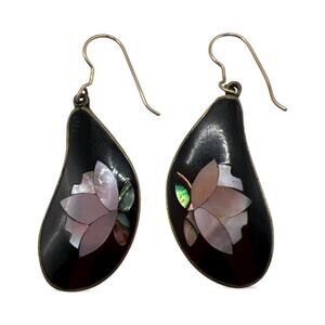 Vintage Mexican Alpaca Dangle Earrings Flower Design